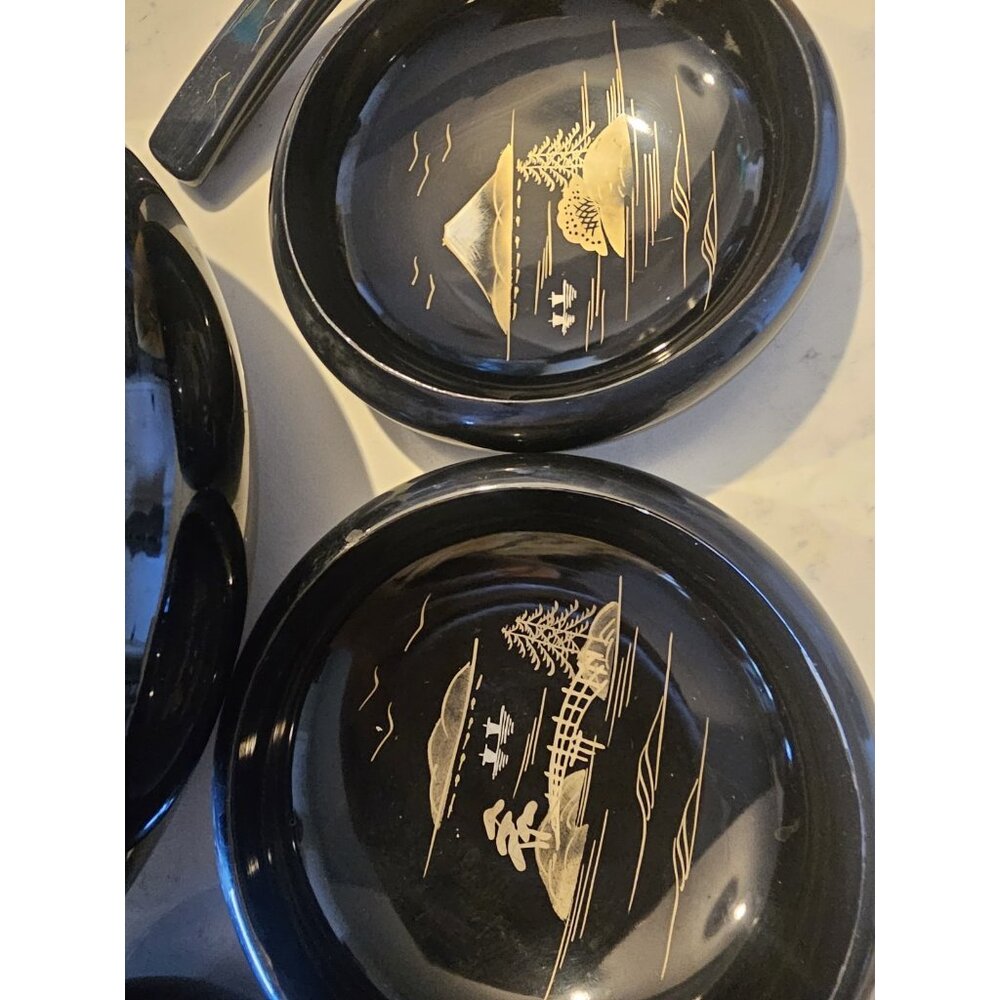 Vintage Black Lacquer Wood 9 Piece‎ Japan Handpainted Salad Bowl Set Mt. Fuji